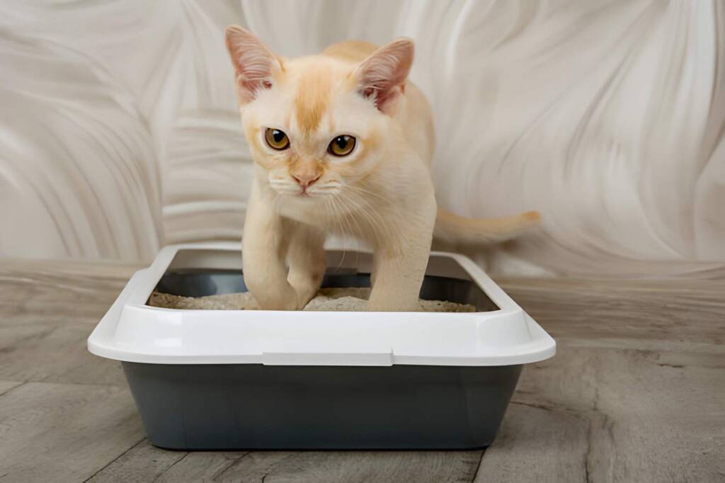 Cute kitten in a litter box, looking at the camera. Part of blog content about kittens.