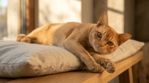 Burmese cat lounges on a pillow in warm sunlight, showcasing its beautiful coat color.